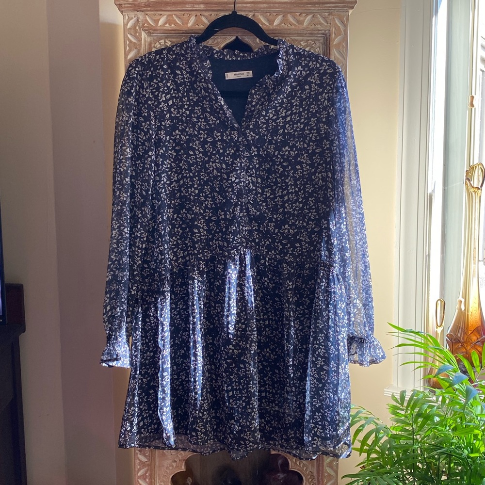 Mango Casual Navy Blue with White and Purple Florals Long Sleeve Ruffled Dress